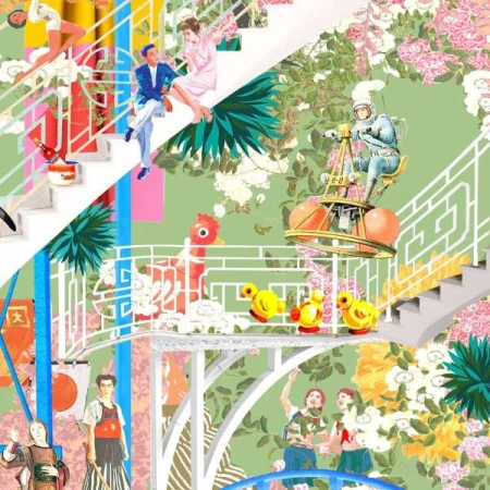 Whimsical artwork featuring cut-out figures on staircase and flower wallpaper, plus an astronaut in a vintage-style flying machine.