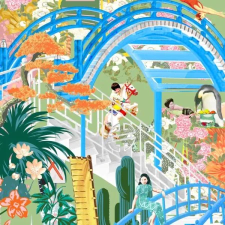 Illustration of a child riding a toy horse on stairs, a woman leaning on a blue railing, and tropical plants in a vibrant, decorative style.