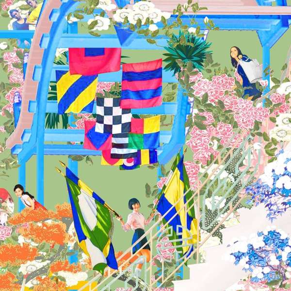 Digital collage features two women holding flags, with pink floral patterns, blue architectural elements, and colorful geometric shapes.