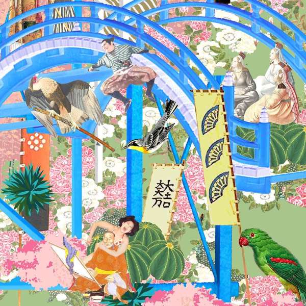 Vibrant artwork featuring a montage of illustrated people, birds, architecture, and flora against a colorful patterned backdrop.