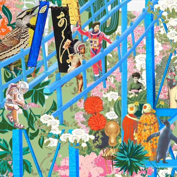 Illustration features figures on blue stairs, including an astronaut, Native American, and penguin, set against a floral backdrop.
