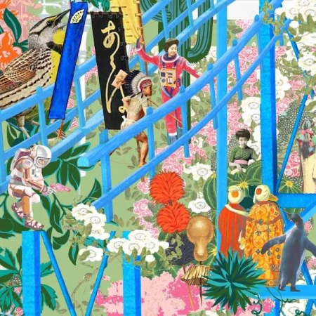 Illustration features figures on blue stairs, including an astronaut, Native American, and penguin, set against a floral backdrop.