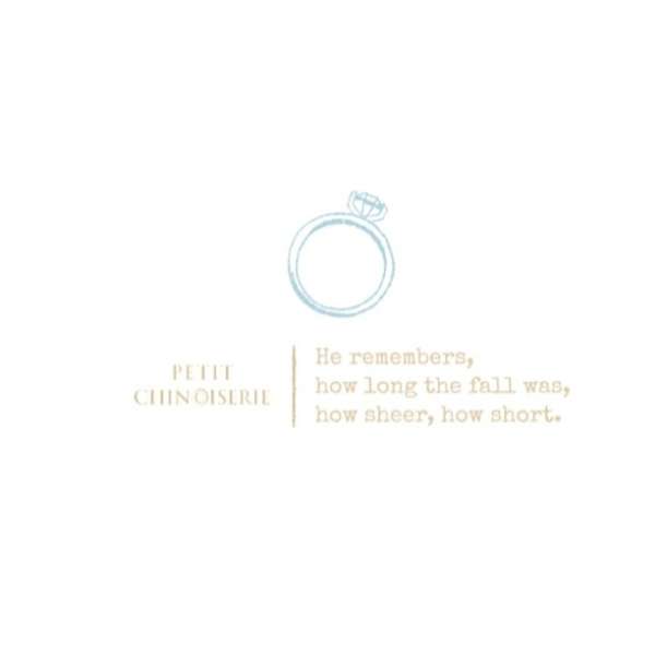 Illustration of a light blue diamond ring above text. Minimalist design with the ring as the focal point, complemented by surrounding text.