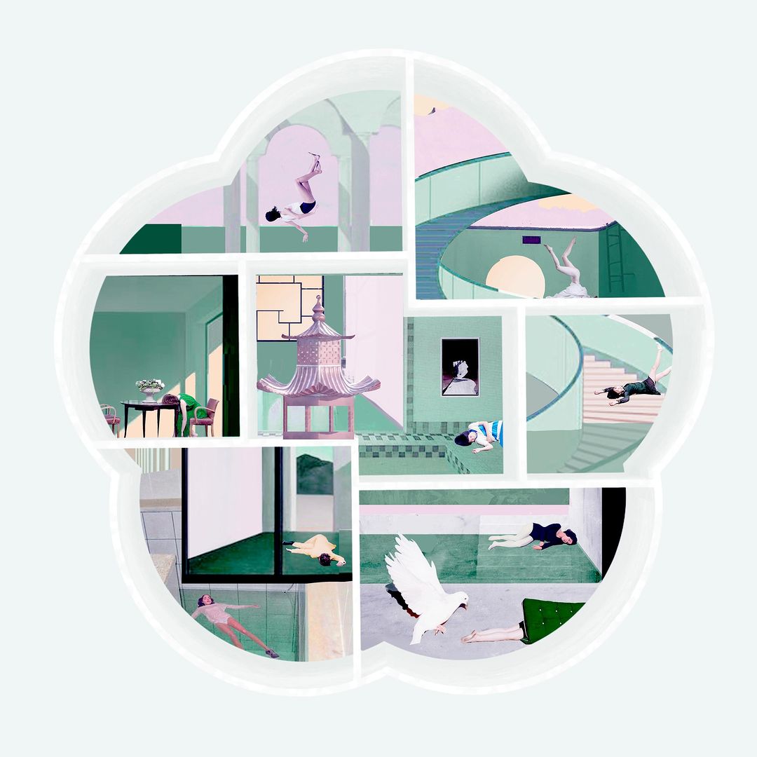 Conceptual digital art showcasing a multi-paneled cloud shape filled with diverse indoor scenes featuring lounging and dancing figures.