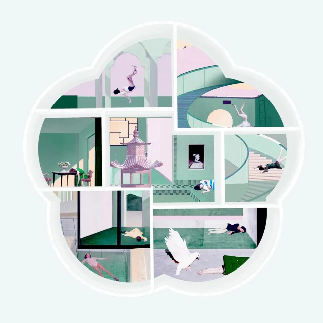 Conceptual digital art showcasing a multi-paneled cloud shape filled with diverse indoor scenes featuring lounging and dancing figures.