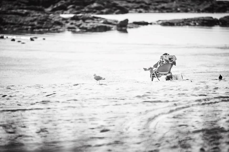 Black and white shot of a person relaxing in a beach chair on the sandy shore near the ocean as a seagull stands nearby.