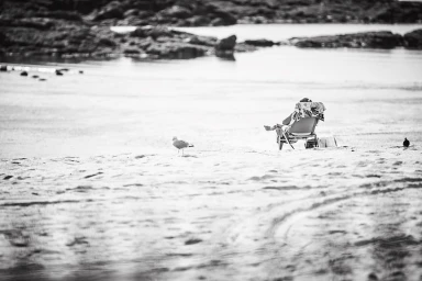 A person sitting in a beach chair on a sandy shore with a seagull standing nearby in a black and white coastal scene.