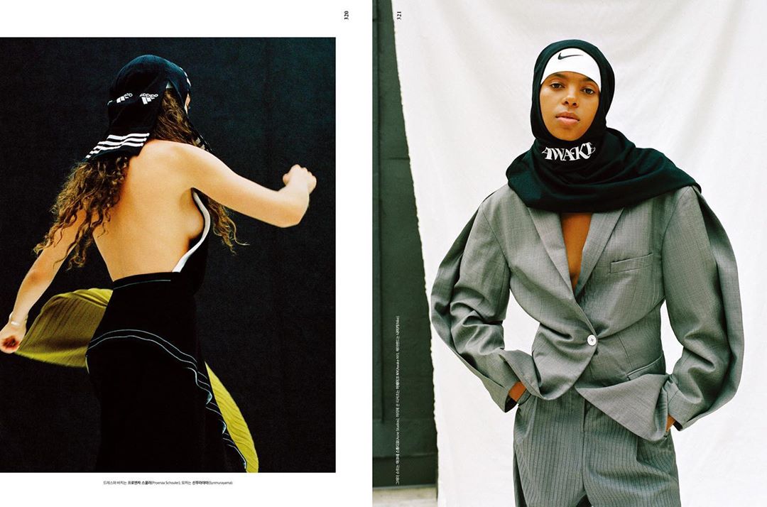 Editorial fashion shot featuring two athletic-wear-clad models; one in Adidas, the other in Nike, against contrasting backgrounds.