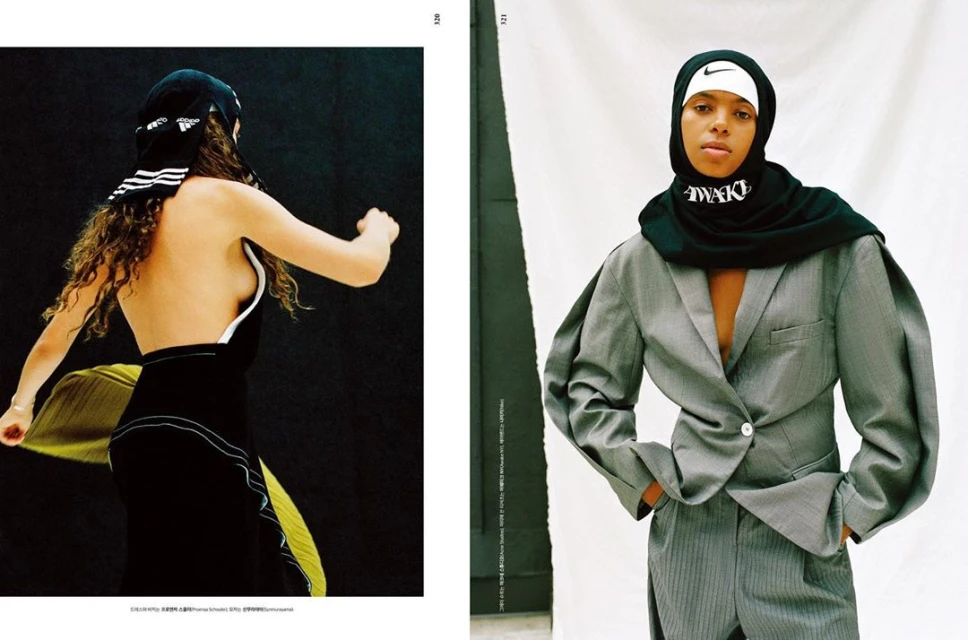 Editorial fashion shot featuring two athletic-wear-clad models; one in Adidas, the other in Nike, against contrasting backgrounds.