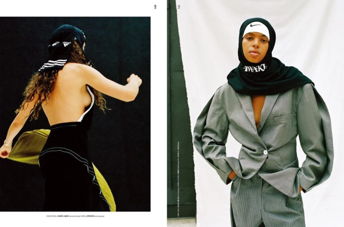 Editorial fashion shot featuring two athletic-wear-clad models; one in Adidas, the other in Nike, against contrasting backgrounds.