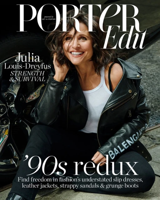 Julia Louis-Dreyfus graces Porter Edit cover wearing leather jacket, white tank top, black jeans, and smiling outdoors.