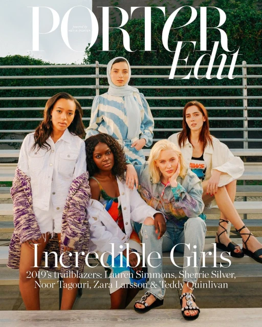 Group of five women on bleachers for Porter Edit cover. Diverse ethnicities, fashion styles, casual wear, outdoor setting, natural light.