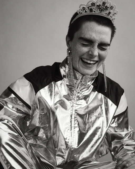 Monochrome portrait of a smiling woman with short hair, wearing a shiny track suit, tiara, and long earrings, indoors.