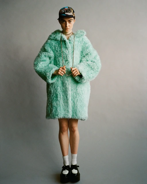 Full shot of a young adult woman in a teal faux-fur coat, cap, necklace, white socks and black Mary Jane platform shoes against a gray background.