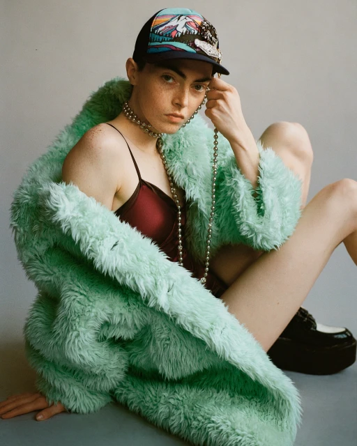 Woman in fur coat and hat poses with a beaded necklace against a grey background, wearing platform shoes, fashionable and chic.