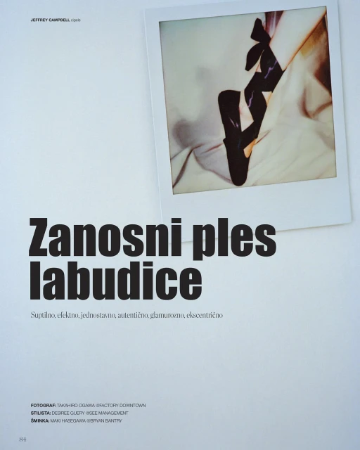 High-fashion footwear showcased in a Polaroid-style image, juxtaposed with magazine text. A blend of product and editorial design.