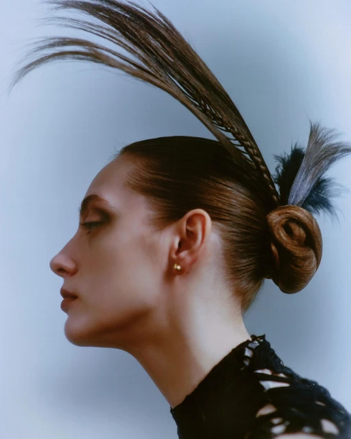 Profile of a woman with intricate brown updo, including braids and feather-like protrusions, and a black lace top against light background.