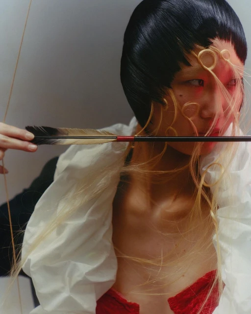 Portrait of a woman with blonde hair tendrils and a blunt, bob haircut, holding an arrow to her face in front of a neutral background.