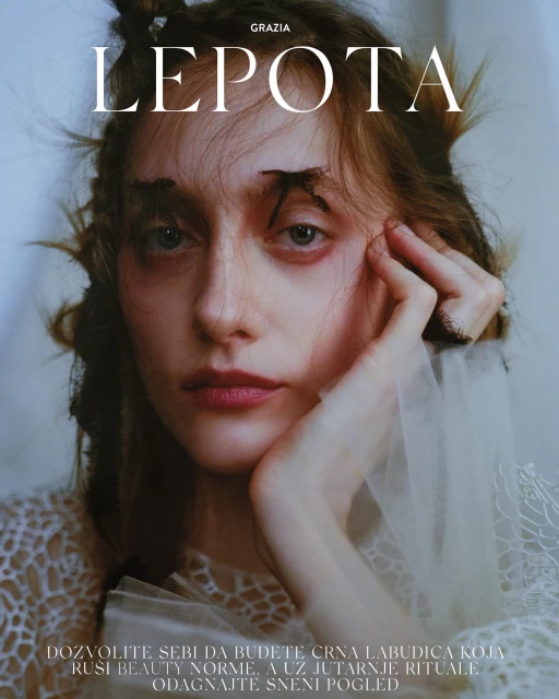 Close-up of a model's face with artistic brow makeup on the cover of Grazia magazine, featuring the title 'LEPOTA' in white letters.