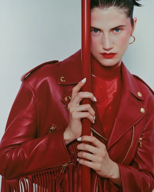 Close-up of a woman in a red leather jacket and top, holding a red pole against a white backdrop, showcasing a fashion editorial shot.