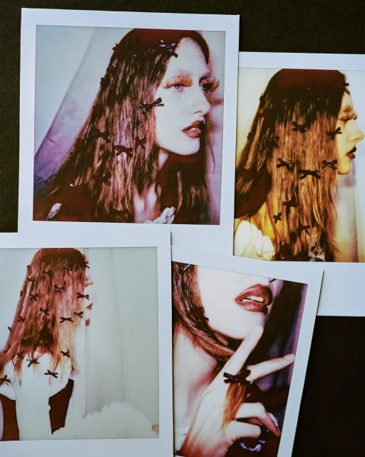 Compilation of four instant photographs featuring a fashion model with hair accessories and makeup, set against a dark background.