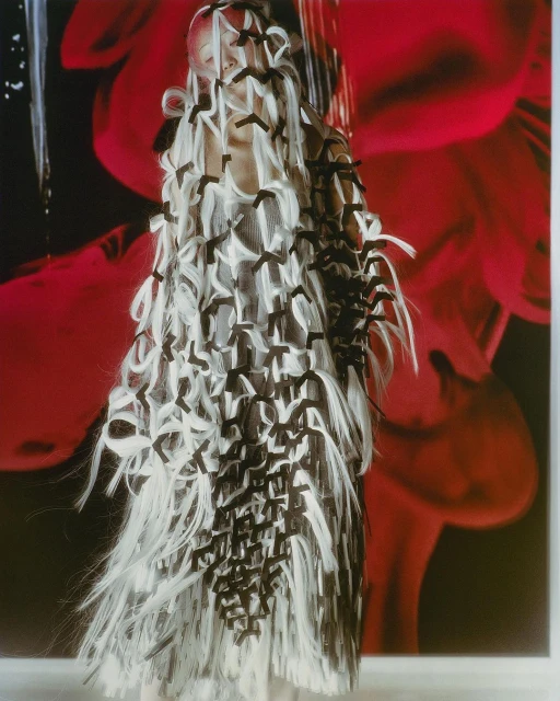 Adult female fashion model poses in a sculptural outfit with a red floral backdrop, shot with soft lighting.