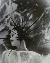 Model wearing an avant-garde spiky black headpiece and sheer white top by photographer Takahiro Ogawa