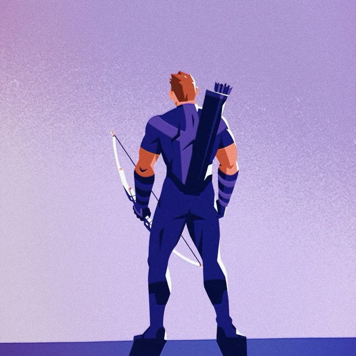 Illustration of a superhero with a bow and arrow, viewed from the back in shades of purple and orange against a light purple backdrop.