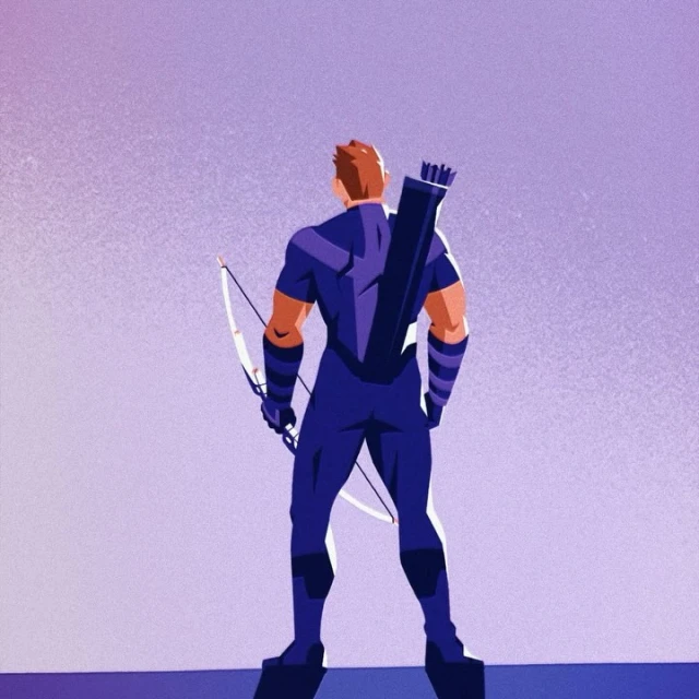 Illustration of a superhero with a bow and arrow, viewed from the back in shades of purple and orange against a light purple backdrop.