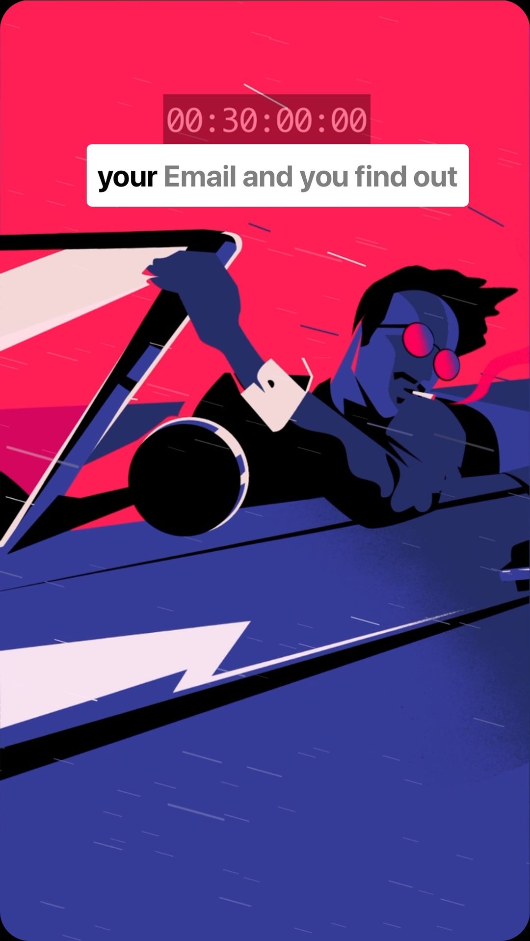 Illustration of a man in a car wearing sunglasses, with a cigarette, in a stylized, graphic design with a red and blue color scheme.