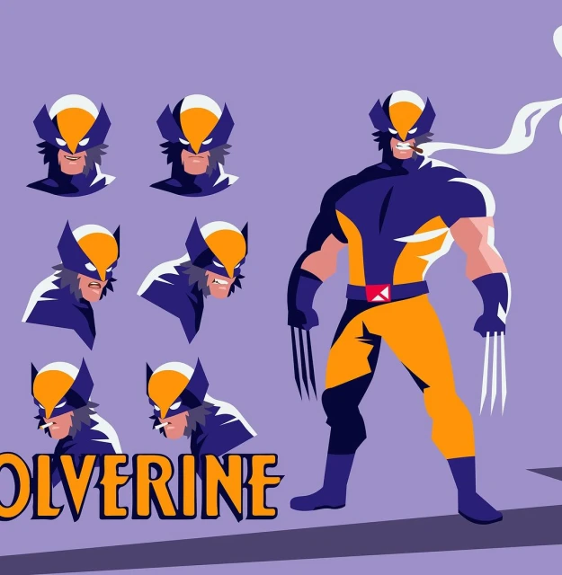 Illustration of comic book character Wolverine in various poses and facial expressions, set against a purple background in a flat, stylized design.