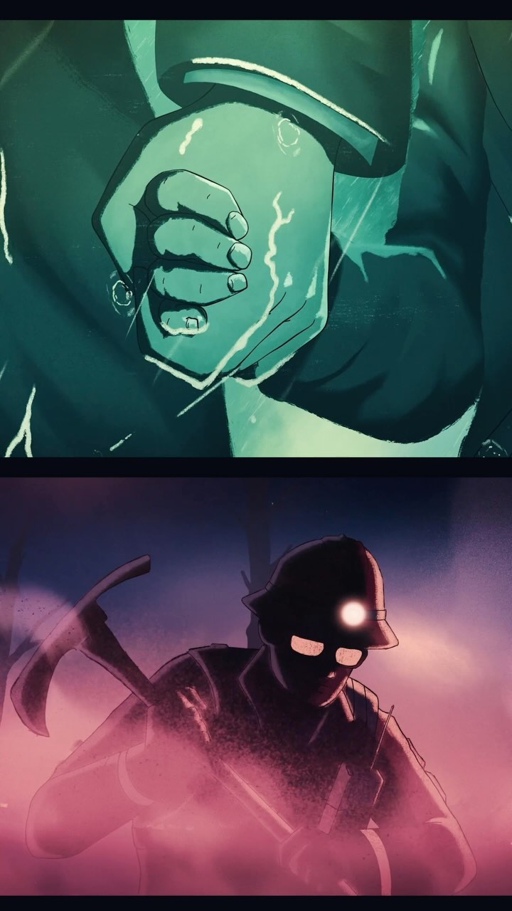 Illustration of a pair of hands in a dark jacket and an underground miner with a pickaxe against a pink-and-black background.