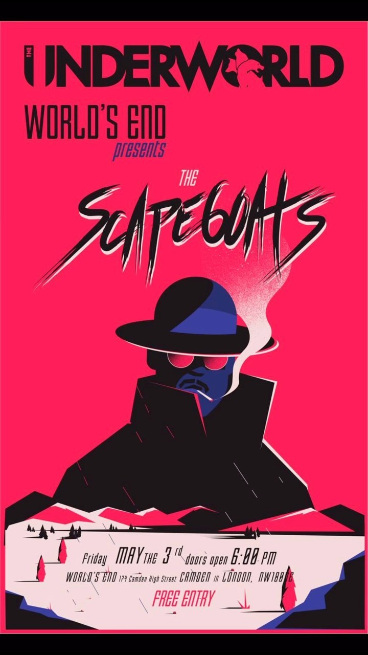 Illustrated concert poster with a silhouetted figure in a hat and sunglasses, advertising a music event named "The Scapegoats."