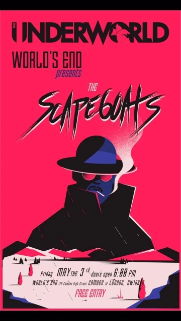Illustrated concert poster with a silhouetted figure in a hat and sunglasses, advertising a music event named "The Scapegoats."