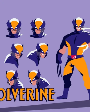 Illustration of Wolverine with multiple headshots showing different expressions on a lilac background. Wolverine stands in costume on the right.