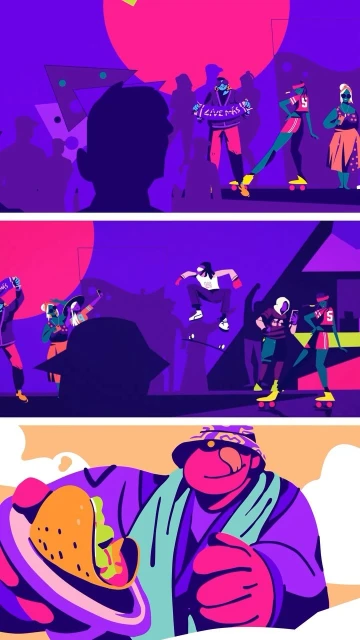 Colorful artwork showcasing scenes of roller skaters, skateboarders, and a person holding a taco on a plate, set against purple and pink backgrounds.