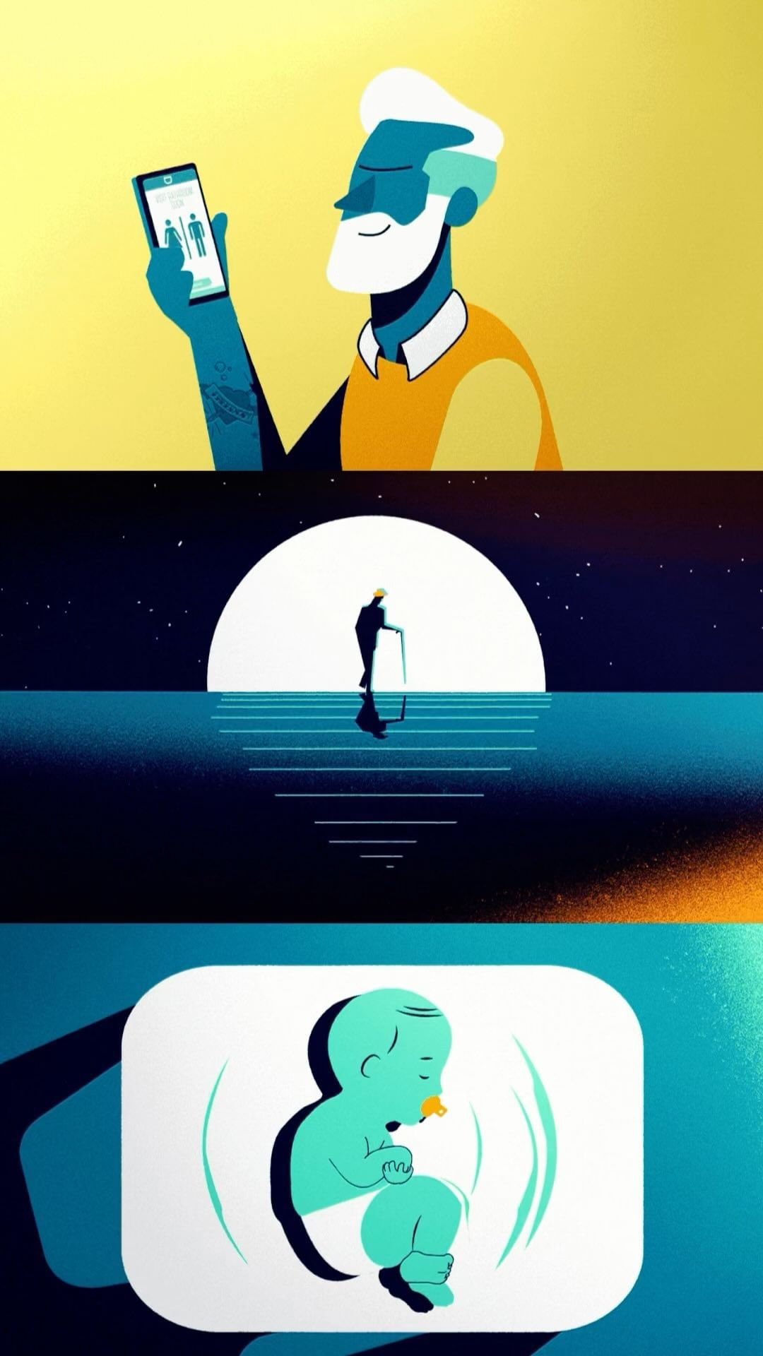 Artistic rendering showcasing the stages of life: elderly man using a mobile app, man with cane walking toward light, and a baby.