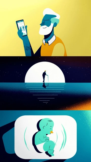 Artistic rendering showcasing the stages of life: elderly man using a mobile app, man with cane walking toward light, and a baby.