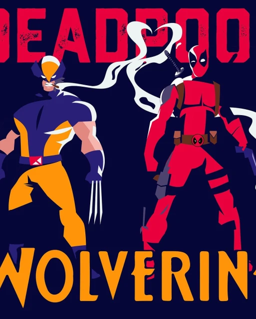 Illustration of Wolverine and Deadpool standing side-by-side against a dark blue background with orange and red text above and below.