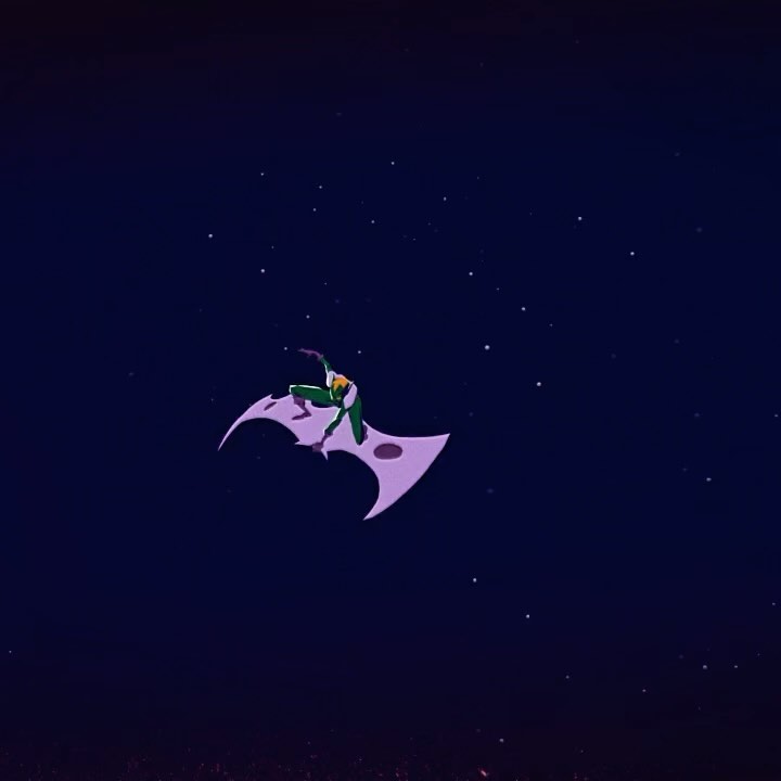 A green-suited figure rides a lavender glider amidst a star-filled, dark blue night sky in an animated illustration.
