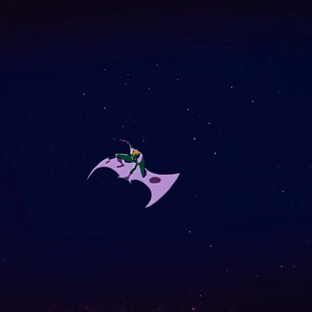 A green-suited figure rides a lavender glider amidst a star-filled, dark blue night sky in an animated illustration.