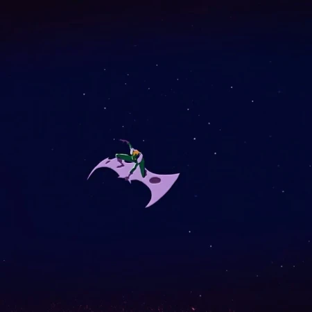 A green-suited figure rides a lavender glider amidst a star-filled, dark blue night sky in an animated illustration.