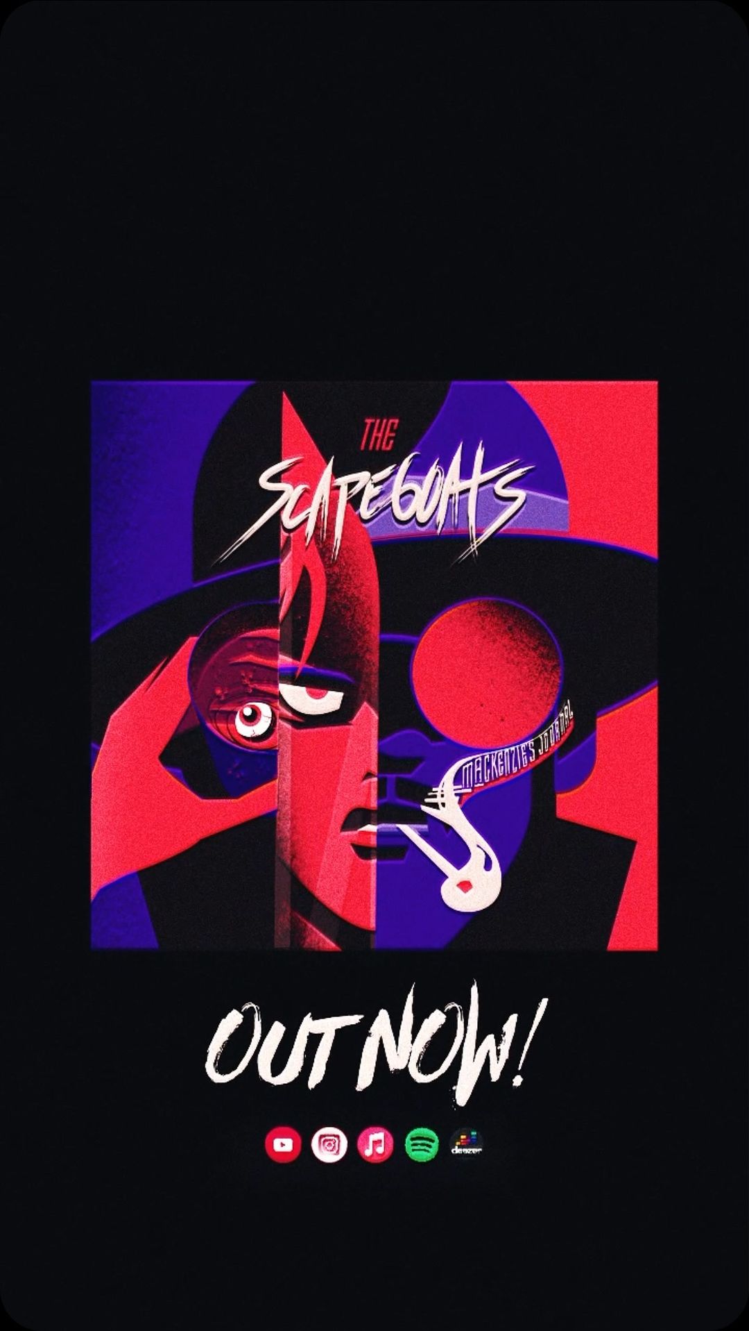 Illustration of The Scapegoats album cover with a stylized face in red and blue, and music service icons on a dark background.