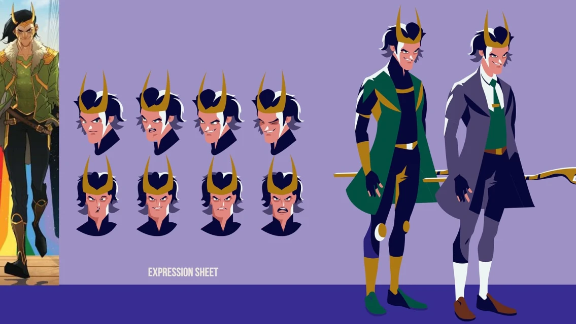 Illustration of Loki character design featuring the character in various outfits and facial expressions on a purple background.