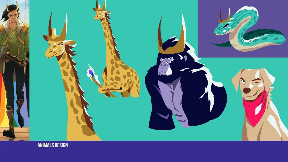 Illustration featuring a male figure, giraffes, gorilla, snake, and dog, all with cartoonish style against a teal and purple background.