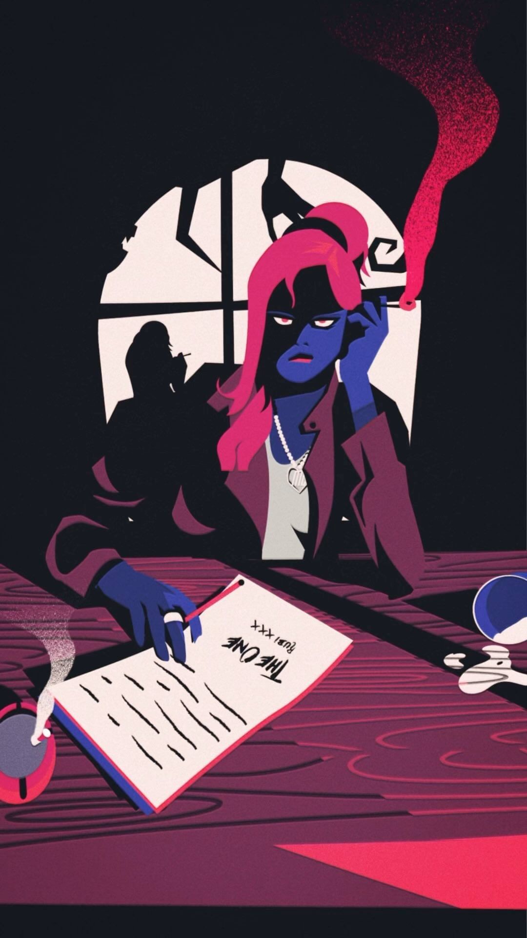 Illustration of a stylish woman smoking at a table with a script, in a moody interior setting with dark colors and strong shadows.