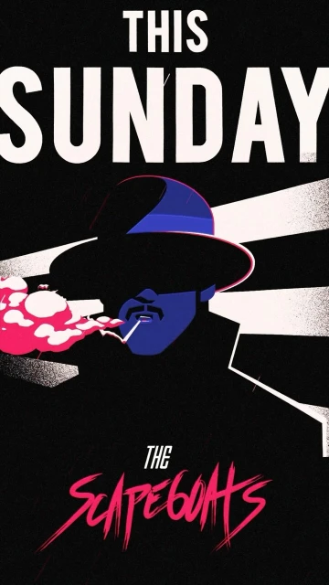 Illustration for 'This Sunday' by The Scapegoats, featuring a man in a hat smoking with pink smoke against a dark background.
