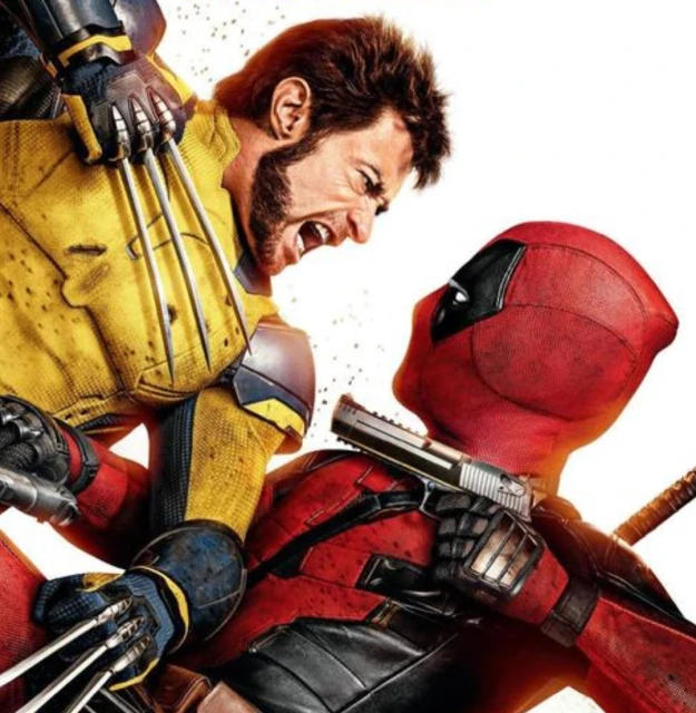 Wolverine and Deadpool face off; Wolverine, baring his teeth and claws, looms over Deadpool, who aims a pistol upwards. Intense scene on white.