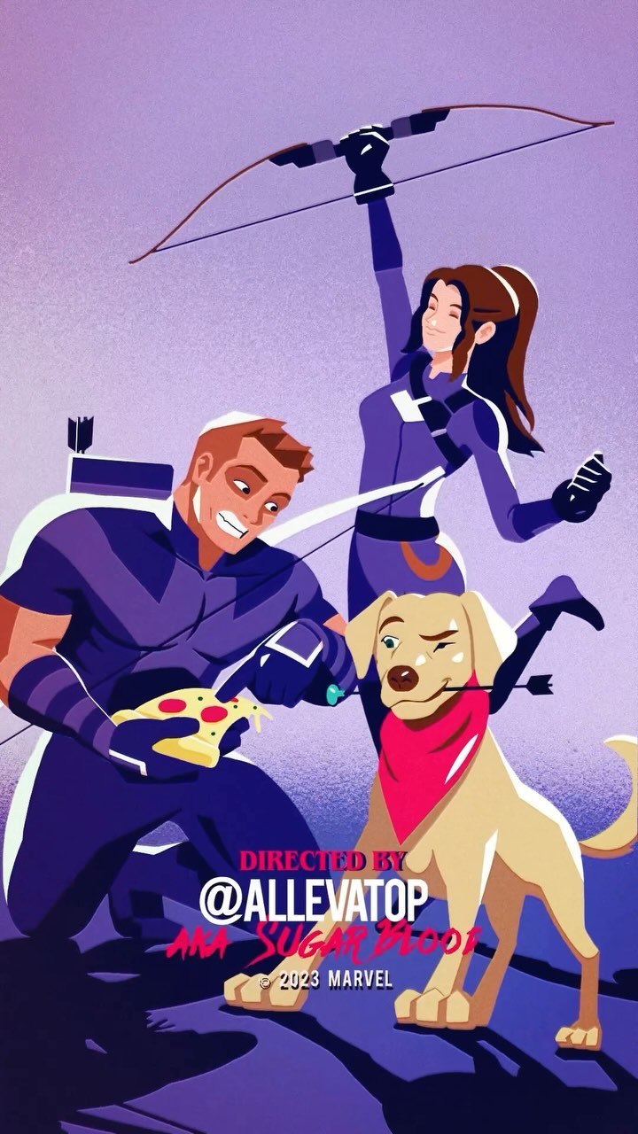 Animated image of Marvel's Hawkeye characters Kate Bishop and Clint Barton with Lucky the Pizza Dog on a purple background.