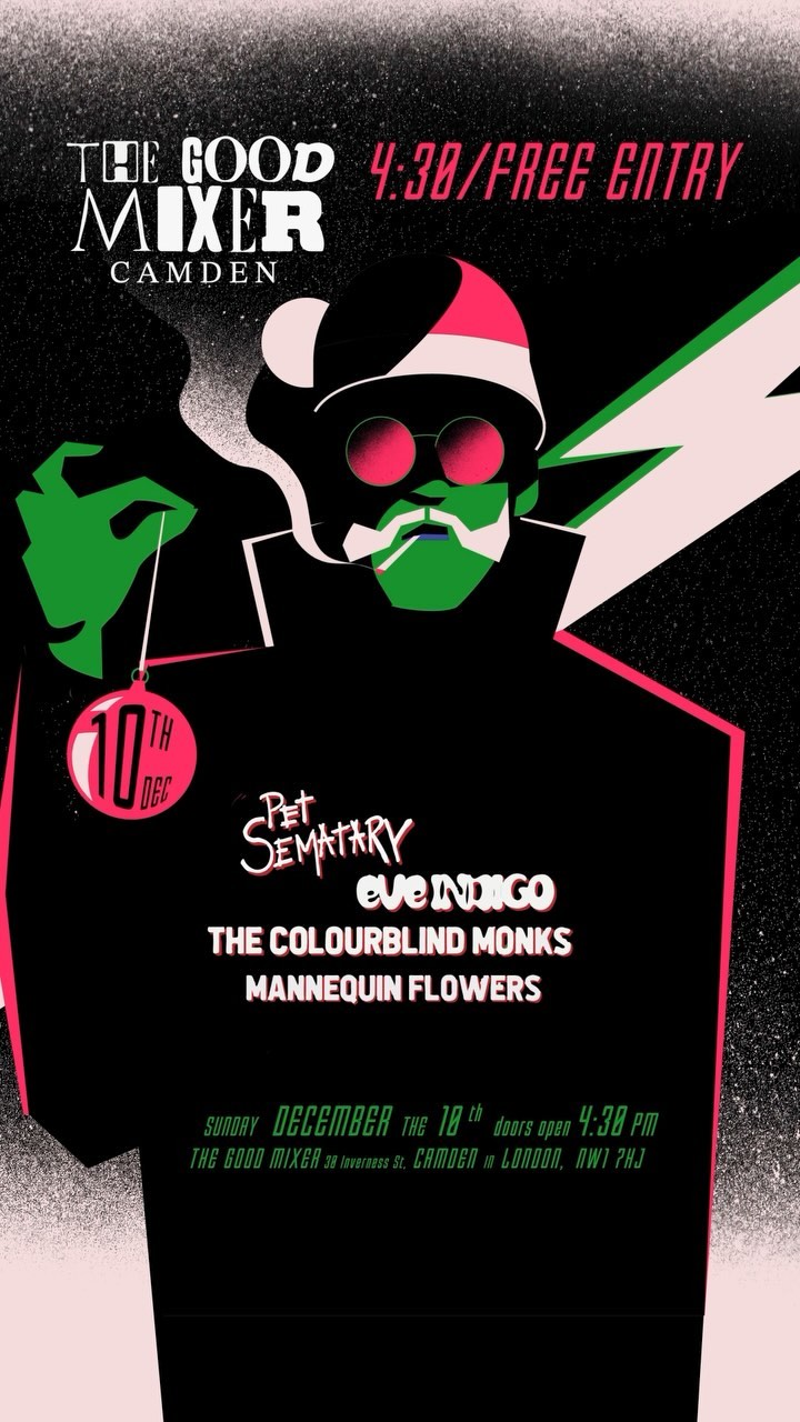 Illustrated flyer for The Good Mixer in Camden featuring a stylish figure with a green ornament, promoting a night of music and entertainment.